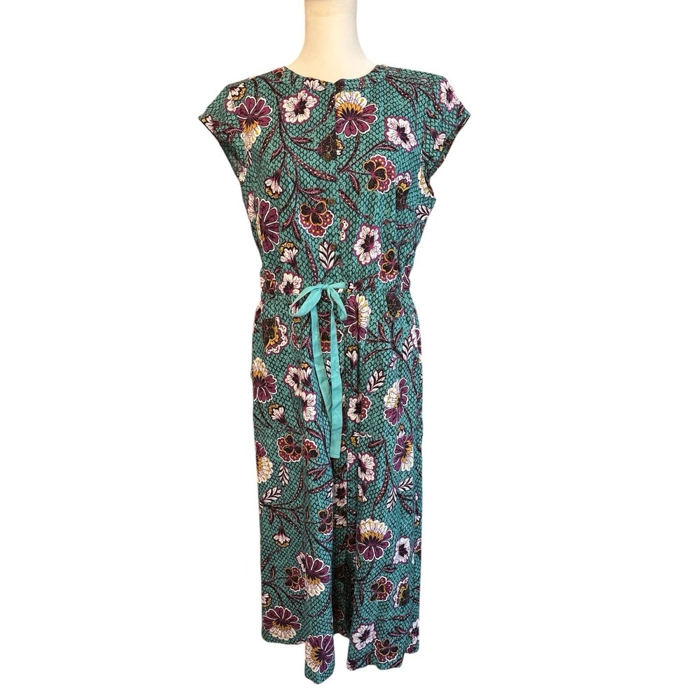 LOFT Floral Clip Pleated Pocket Dress Long Green Size 4 Button Up NWT  Tie Waist